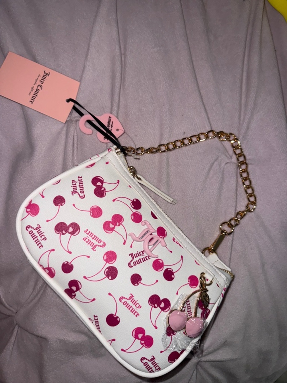 Juicy Couture White Wristlet with Pink Cherry Print & Gold Chain